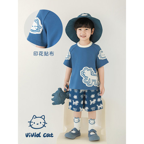 幼悠 男童夏季新款翻领衬衫短袖圆领T恤慵懒凉感短裤蓝白猫咪套装 - 图2