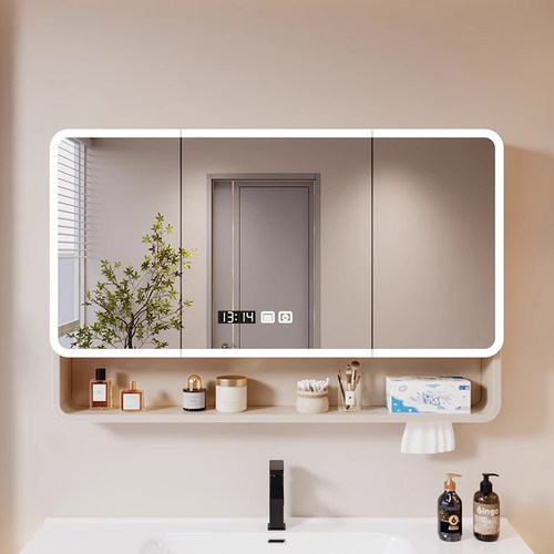 太空铝加高加厚圆弧浴室镜柜卫生间挂墙式智能镜带灯防雾储物柜 - 图0