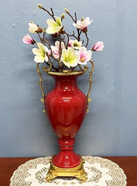 新款欧式古典大红色陶瓷配铜高档摆件美式L别墅花瓶果盘婚庆工艺