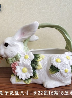 新款精品陶瓷百合花兔子摆件欧式电视柜玄关兔子生日W礼物装饰摆