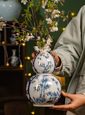 由禧儿Uolike新中式花瓶手绘釉下彩陶瓷葫芦花器客厅瓷器玄关摆件