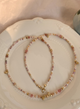 粉色睡莲小众手作锁骨链