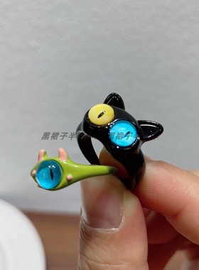 黑色猫咪绿色小怪开口金属戒指
