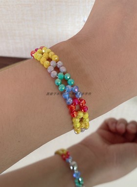 手作款~蹦迪彩珠夏日元气少彩虹玻璃珠编制手链脖子链颈链