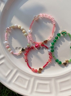 4色！小众设计感爱心金属仿水晶石头串珠弹力手链手串绿色粉少女