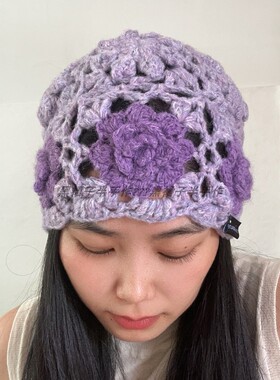 5色韩系森系钩针镂空编织花朵帽子杂色毛线立体花包头帽甜美可爱