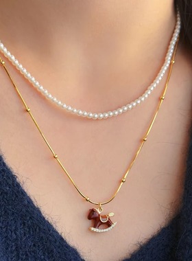 轻奢风小马珍珠项链女双层毛衣链