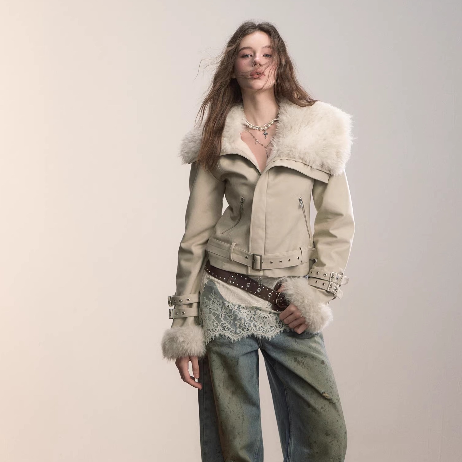 VIAPITTI 25AW 重工设计感大毛领加厚PU皮夹克外套 - 图2