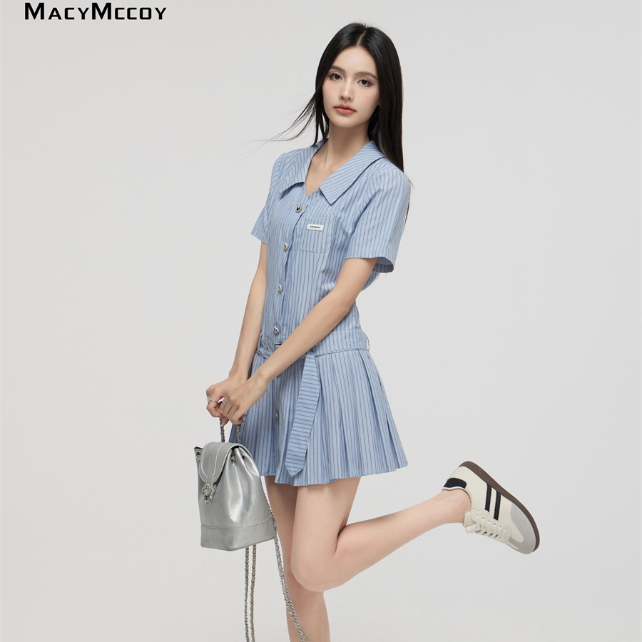 【清货折L】Macy Mccoy 2023春夏新款系带条纹衬衫裙百搭高级-图1