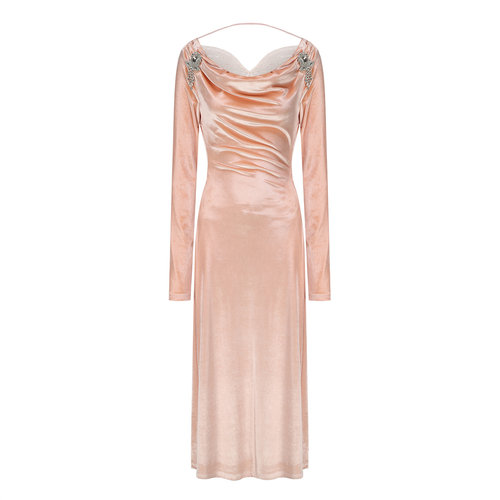 【清货折S】ARTE PURA橘粉丝绒露背蕾丝蝴蝶长裙女优雅长袖连衣裙 - 图3