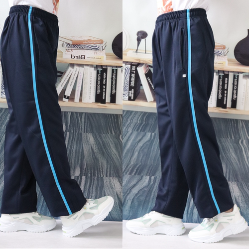 藏蓝黑色深蓝色宽条纹校服裤子春夏季单款一条蓝杠中小学生运动裤 - 图0