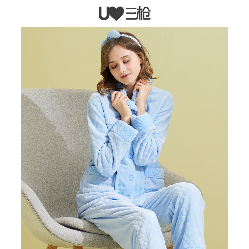 三枪清仓珊瑚绒秋冬剪花菠萝格睡衣 三枪outlets店睡衣/家居服套装