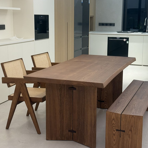 中古风全实木餐桌长方形白蜡木原木双拼大板桌客厅大长书桌工作台 - 图0