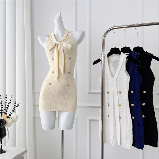 Xiaoxiang Celebrity Heavy Industry Jacquard Ribbon Slim Fit Hip Sleeveless Dress Knitted Women's Short Skirt Temperament Style High-end