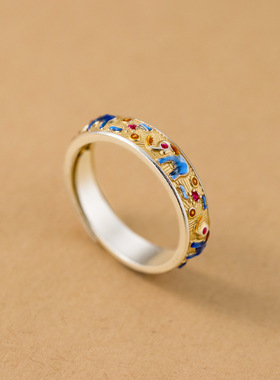 足银999时尚潮流复古国风吉象设计描金蓝色小象戒指