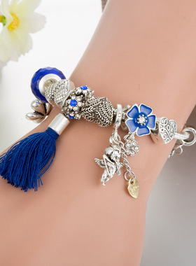 欧美爆款流苏天使吊坠手链diy宝蓝色滴油花水晶串珠手链厂家