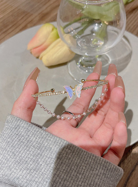 韩国双层彩色蝴蝶手链女ins风个性珍珠手镯感小众气质手饰品