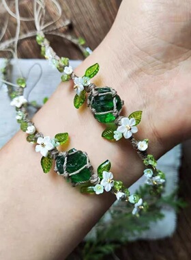 绿野仙踪花环森系新款手工合成水晶橄榄石手绳爆款礼物编织网兜手