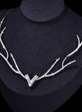 一鹿有你晚宴款纯银镀金仿钻石项链轻奢满钻鹿角形气质锁骨链女