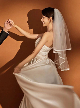 头纱新娘主婚纱缎面包边求婚领证登记头饰韩系简约蓬蓬纱结婚遮面