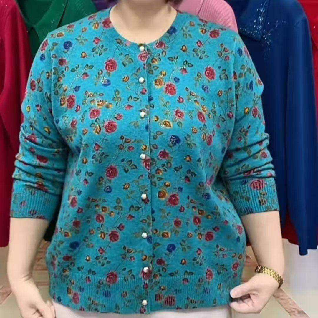 新款中老年春秋圆领妈妈印花针织开衫洋派打底外套毛衣女奶奶上衣,淘宝优惠券,粉丝福利购,淘宝优惠卷