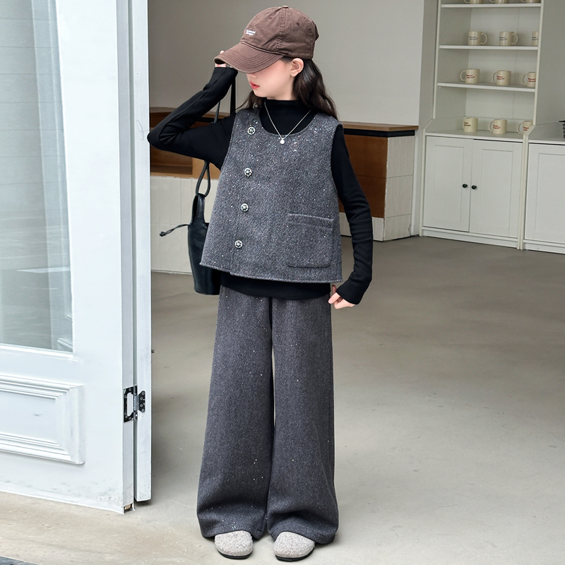 女童套装2025新款春秋装儿童洋气时髦中大童韩系小香风马甲三件套 - 图2