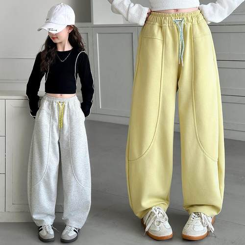 女童裤子春秋款2025新款中大童弯刀裤女孩卫裤香蕉裤初中生运动裤 - 图1