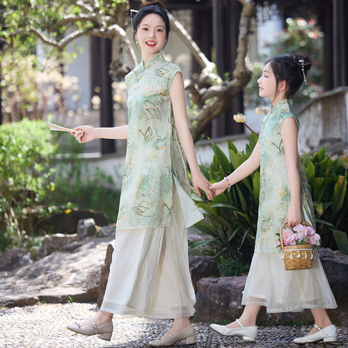 女童汉服夏装2026新款亲子旗袍连衣裙中国风儿童裙裤襦裙女孩套装 - 图0