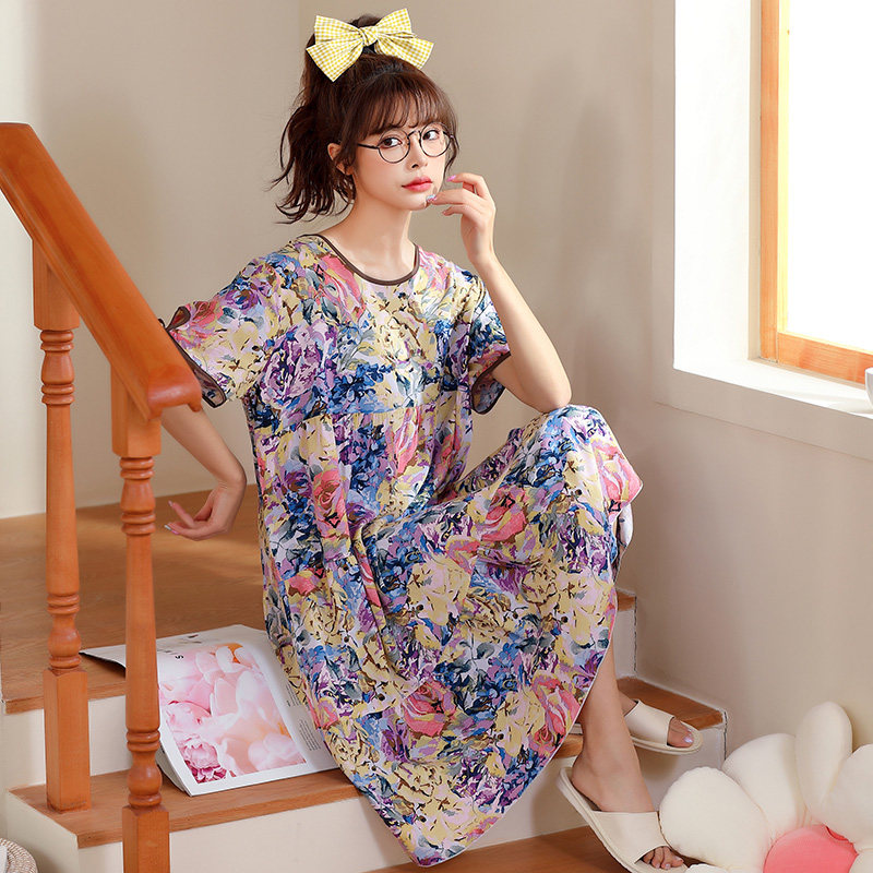短袖圆领碎花睡裙甜美薄款连衣裙 斑斓星睡裙
