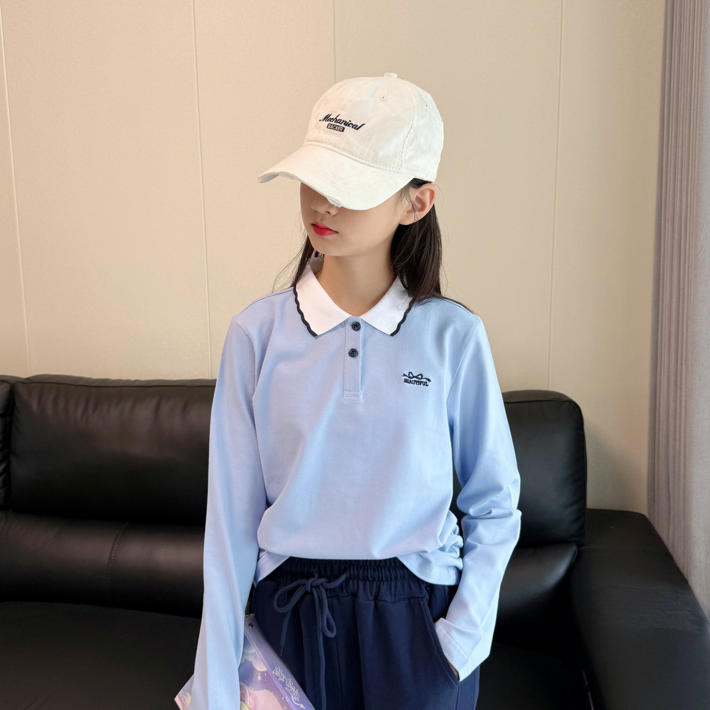 儿童长袖POLO衫女童翻领长袖t恤2025秋装新款女童花边领纯棉上衣,淘宝优惠券,粉丝福利购,淘宝优惠卷