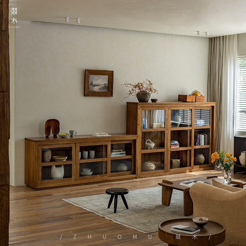 叕木|组合书柜\中古复古风实木玻璃推拉门落地储物柜收纳柜展示柜,淘宝优惠券,粉丝福利购,淘宝优惠卷