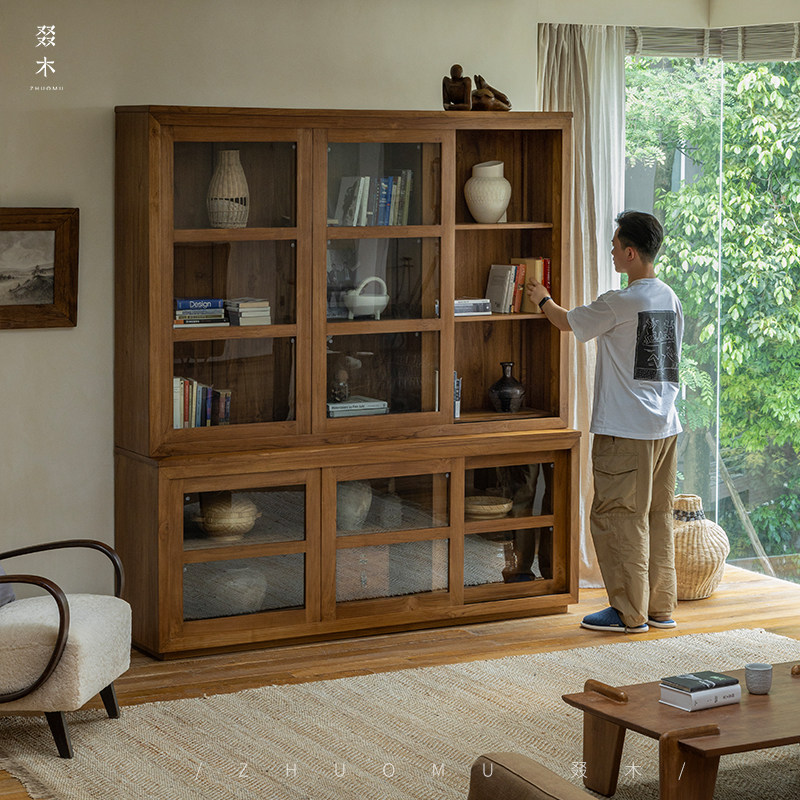 叕木|组合书柜\中古复古风实木玻璃推拉门落地储物柜收纳柜展示柜,淘宝优惠券,粉丝福利购,淘宝优惠卷