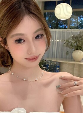 纯欲施家珍珠双层满天星项链时尚蝴蝶结扣锁骨链珍珠轻奢锁骨链