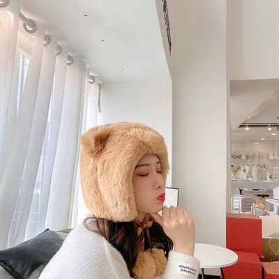 熊耳朵帽子女秋冬可爱耳罩毛毛绒护耳韩版骑车防风保暖百搭雷锋帽 虎窝淘