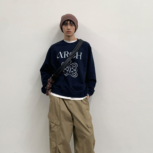 roaringwild a arch 咆哮野兽 圆领宽松印花毛圈上衣纯棉男士卫衣 - 图1