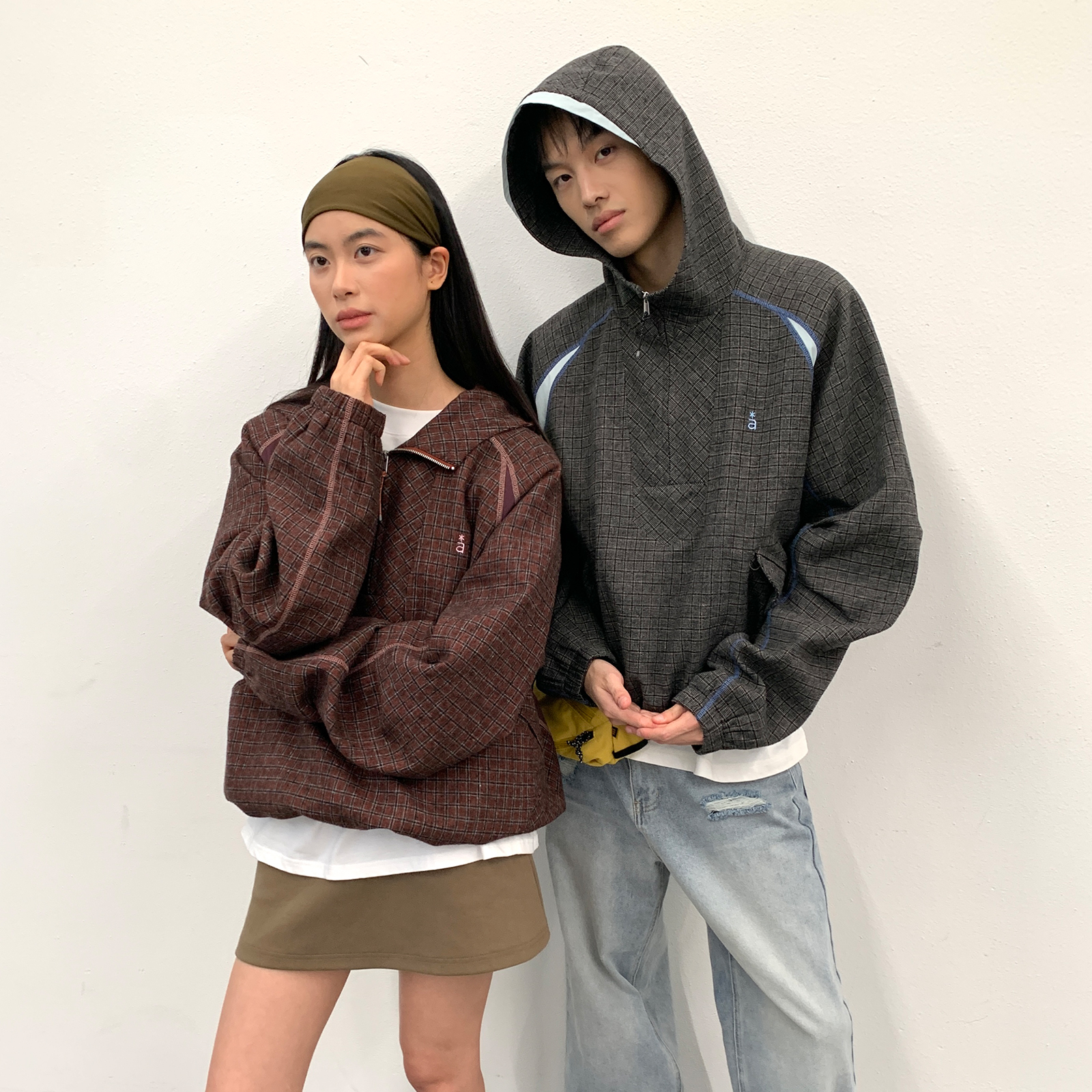 roaringwild a arch 咆哮野兽 格纹拼接半拉链情侣外套连帽夹克 - 图3