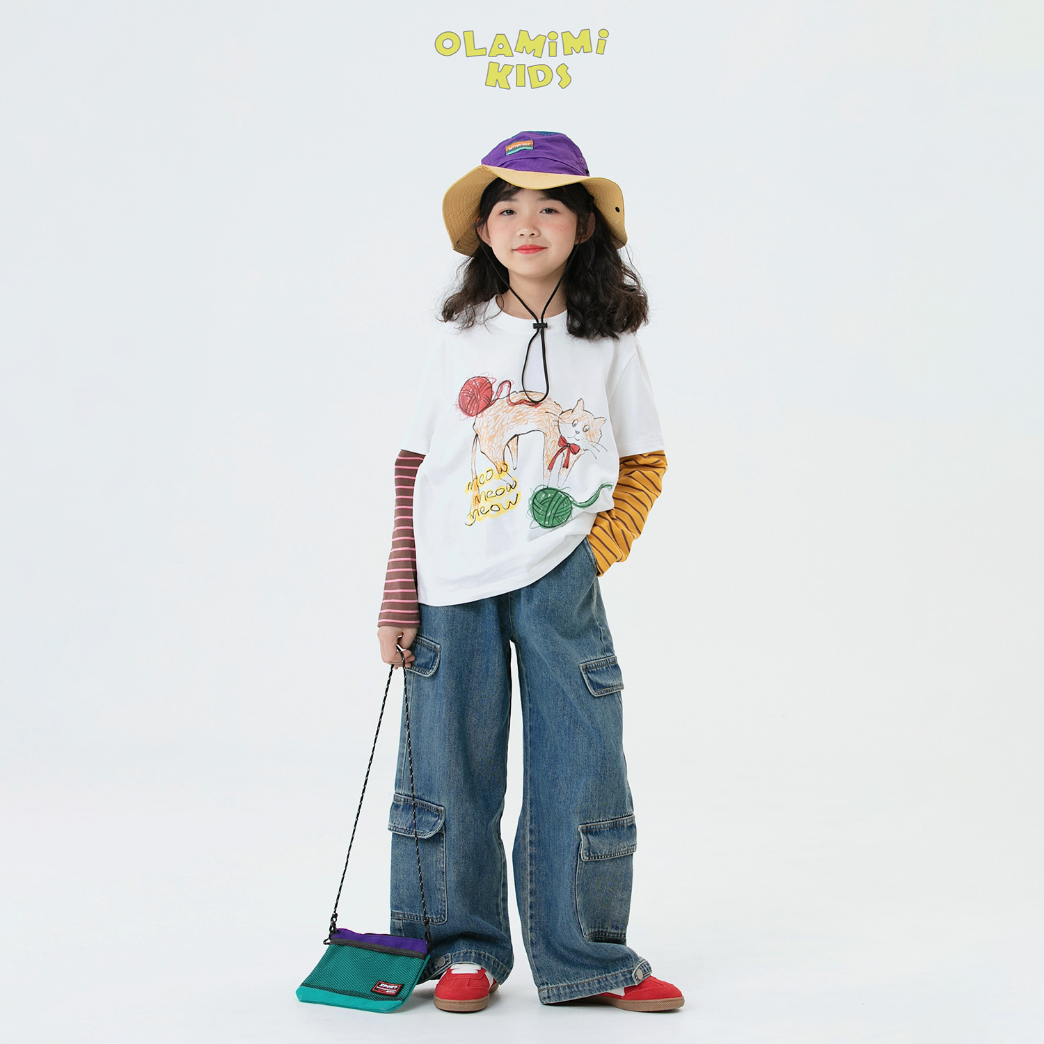 OLAMIMI定制2025春 亲子潮酷水洗做旧色多口袋直筒裤工装裤牛仔裤 - 图2