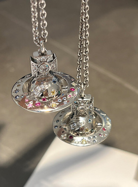 霓虹彩钻星球项链限定版星月土星orb吊坠高级感毛衣链颈链