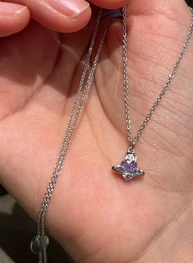 23新款精工925银爱心土星项链mini款紫色金色爱心钻设计感