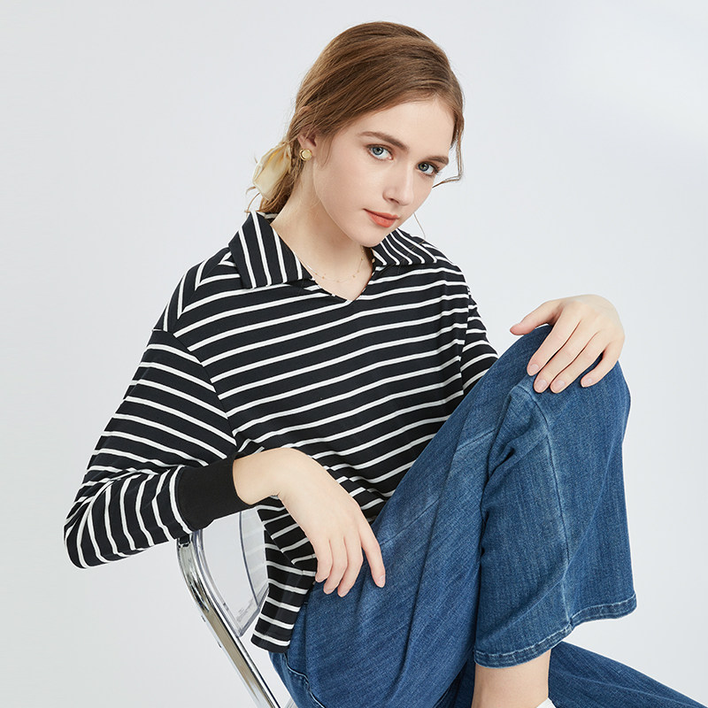 黑白条纹polo衫长袖春季纯棉上衣 假日概念POLO衫