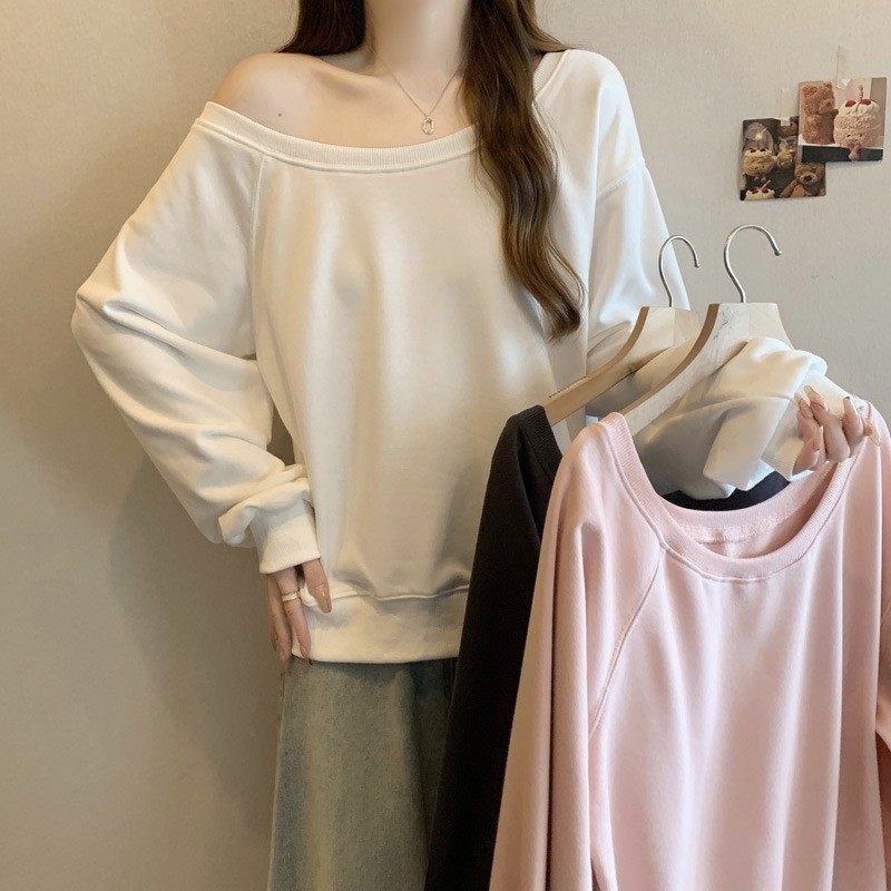 欧美风纯色一字肩斜领长袖卫衣女秋冬装韩版宽松加绒加厚上衣外套,淘宝优惠券,粉丝福利购,淘宝优惠卷