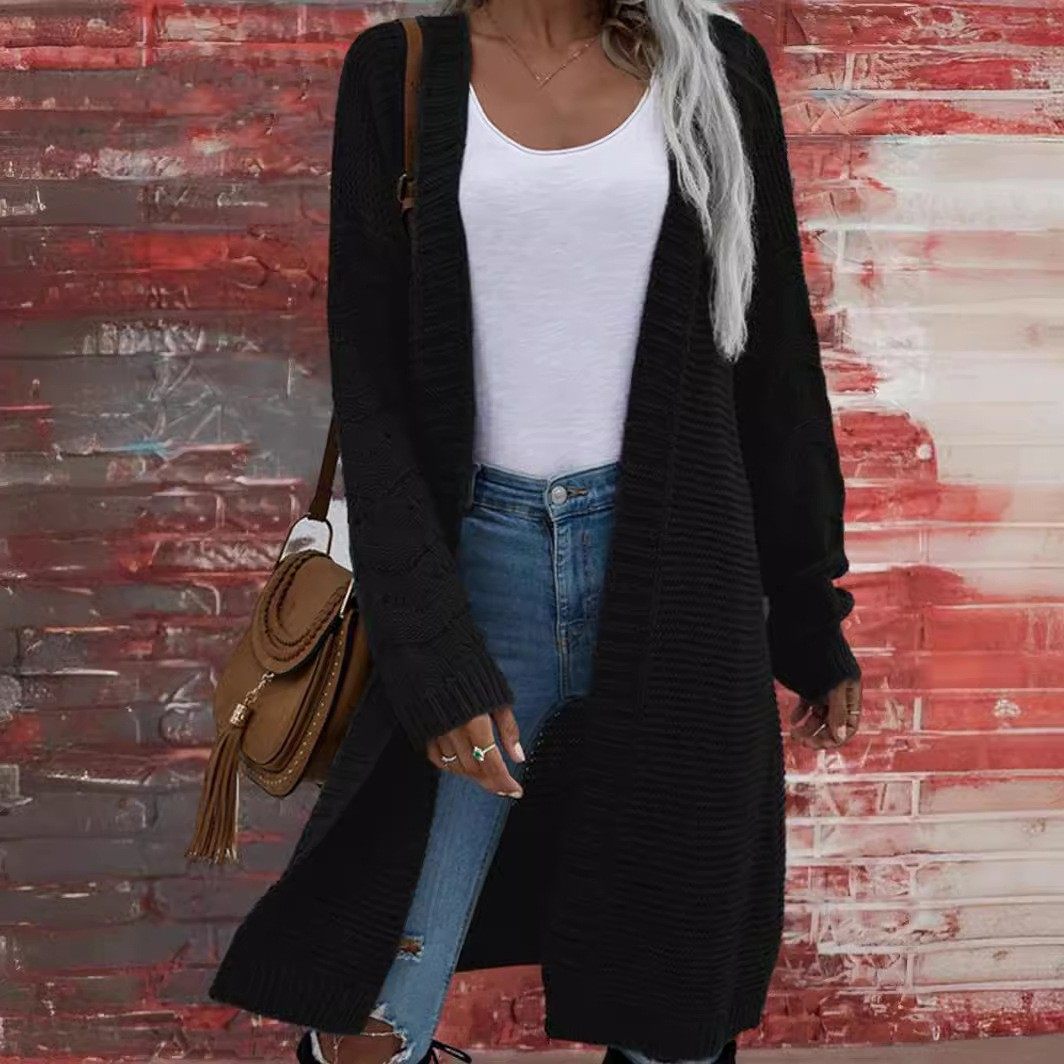 新款毛衣亚马逊长款开衫纯色欧美女式针织开衫中长款外贸女装,淘宝优惠券,粉丝福利购,淘宝优惠卷