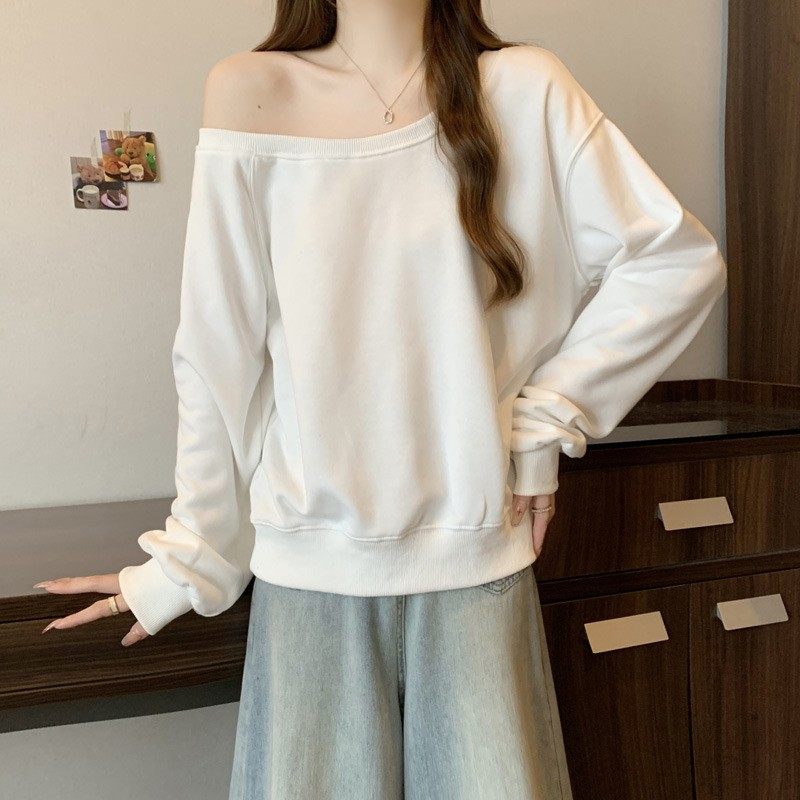 欧美风纯色一字肩斜领长袖卫衣女秋冬装韩版宽松加绒加厚上衣外套,淘宝优惠券,粉丝福利购,淘宝优惠卷