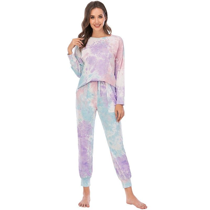 亚马逊春夏新款家居服扎染女式长袖长裤套装休闲女装睡衣,淘宝优惠券,粉丝福利购,淘宝优惠卷