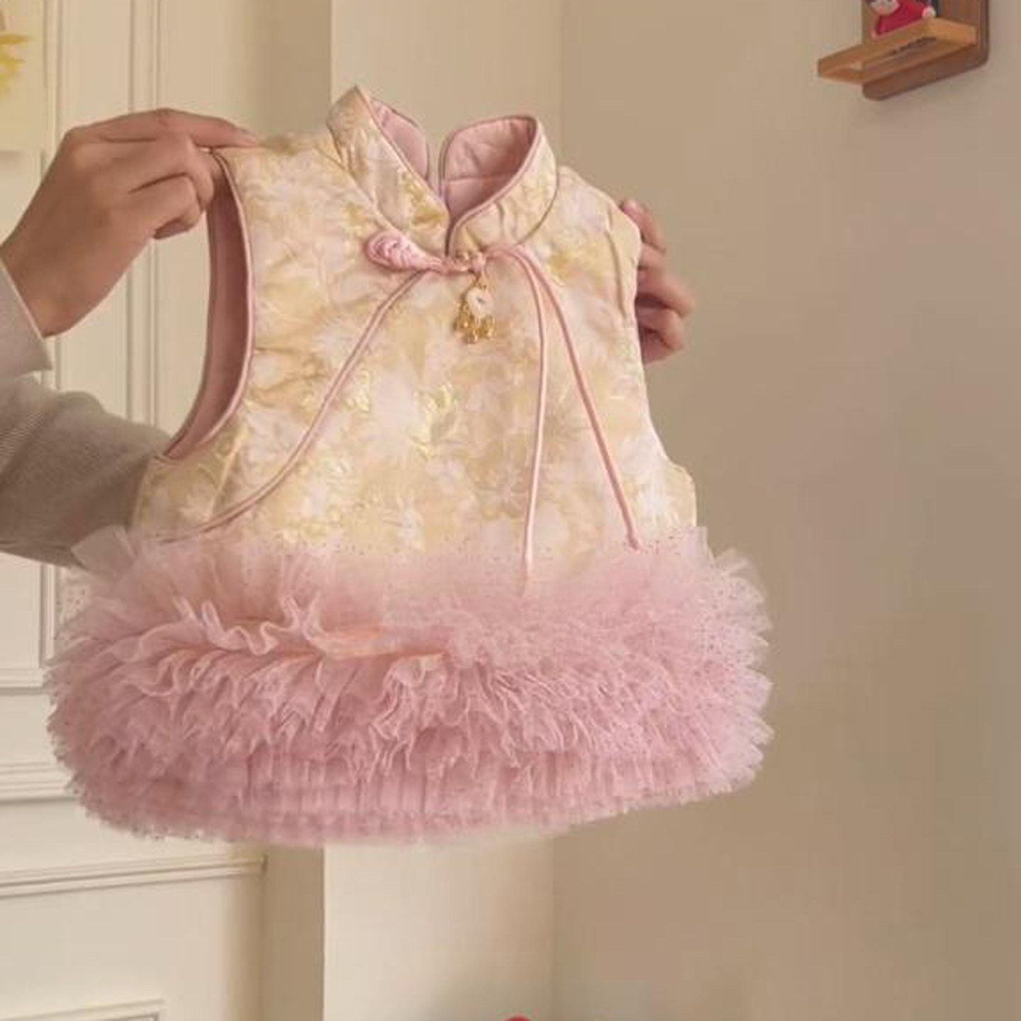 女童新中式套装国风下摆拼纱旗袍立领马甲打底衫喇叭裤洋气三件套,淘宝优惠券,粉丝福利购,淘宝优惠卷