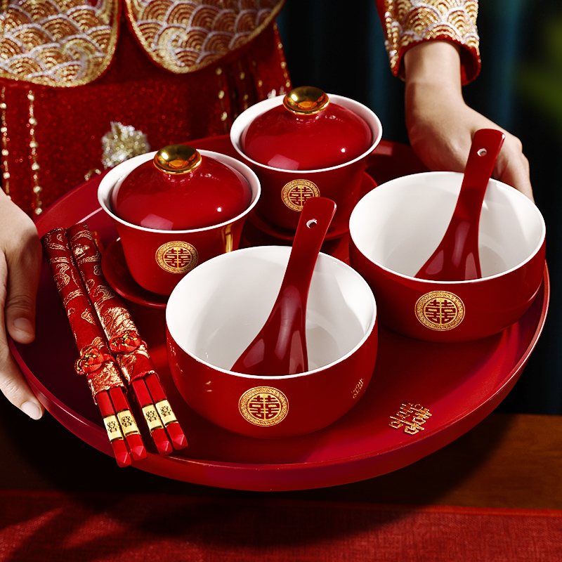 敬茶杯结婚陪嫁用品改口敬酒茶杯套装喜碗婚礼红色碗筷对碗娘家 - 图1