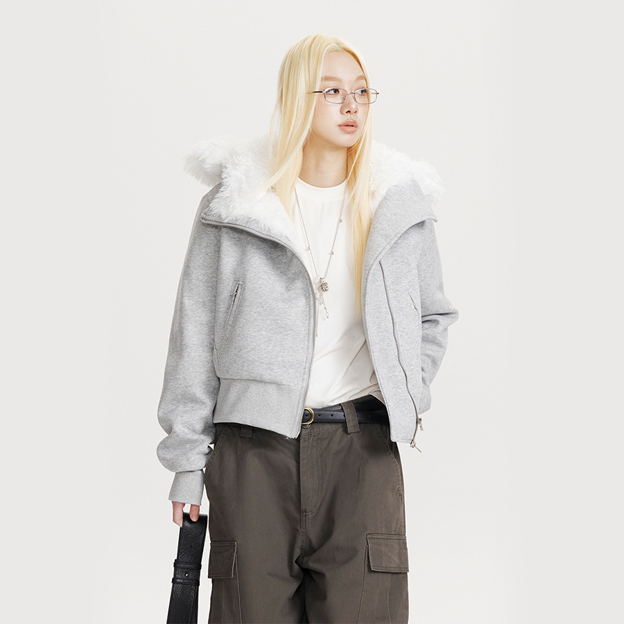 CATTEE美式复古毛绒内胆毛领棉服外套女冬季2025新款短款修身 - 图2