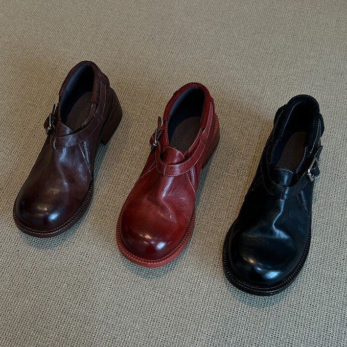 2026早春款真皮复古英伦风圆头粗跟单鞋女金属扣乐福鞋百搭深口鞋,淘宝优惠券,粉丝福利购,淘宝优惠卷