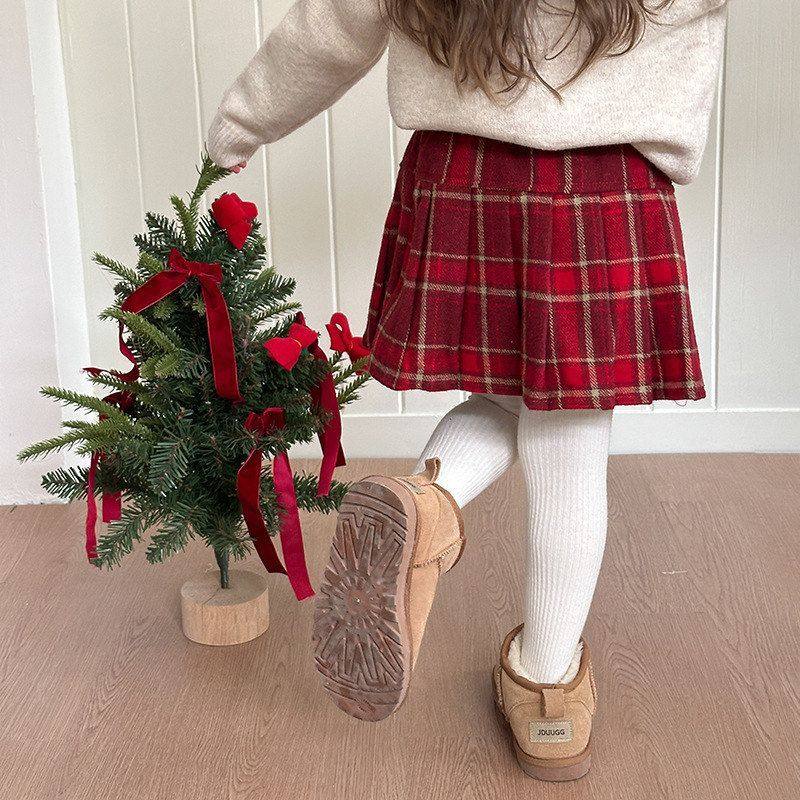 节日氛围感单品女童节日圣诞新年高质感毛呢半身裙子格纹百褶短裙,淘宝优惠券,粉丝福利购,淘宝优惠卷