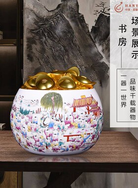 优选景德镇陶瓷千里o江山聚财宝盆中式家居客厅玄关养鱼睡莲缸开